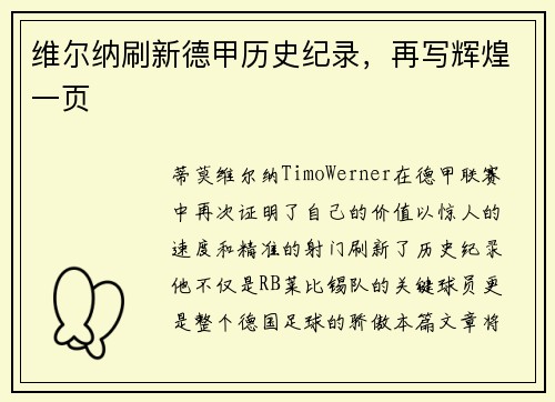 维尔纳刷新德甲历史纪录，再写辉煌一页